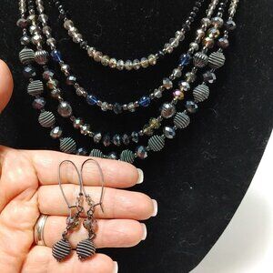 5/$100 -2 pcs Avon NRO MultiStrand Necklace Blue Black Beads Silver Tone 17"